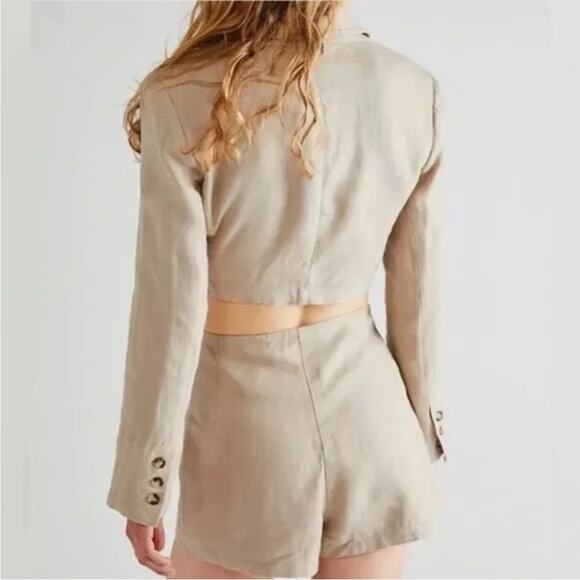 Free People 100% Linen Slice Of Action 3 Piece Skort Set Suit Cropped Tan 12 - Picture 3 of 16